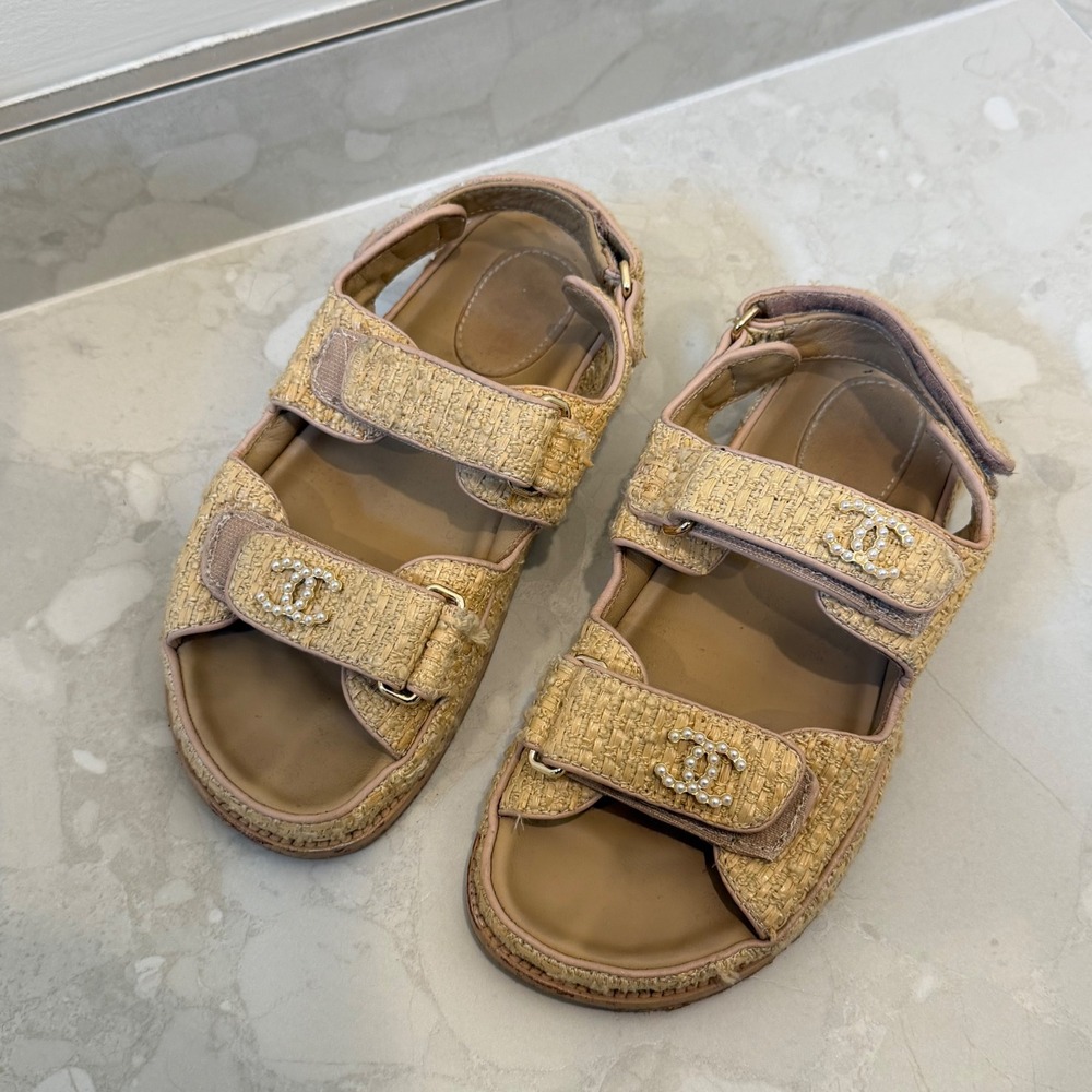 Chanel Raffia Pearl CC Logo Dad Sandals Beige Flat Strappy Slingback 36C